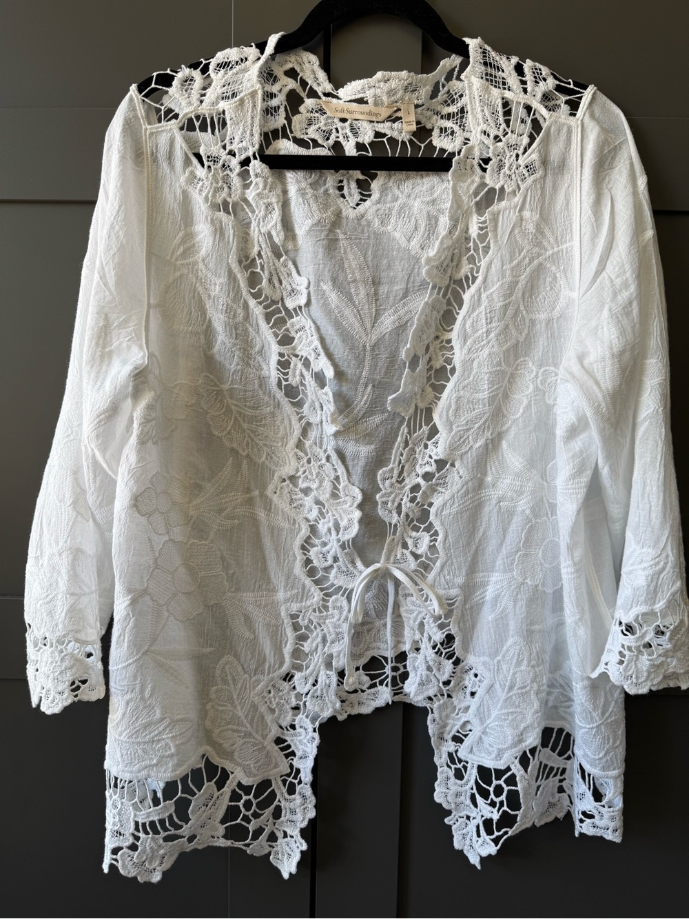 Soft Surroundings White Crochet Lace Open Cardigan L 14-16 NWOT
